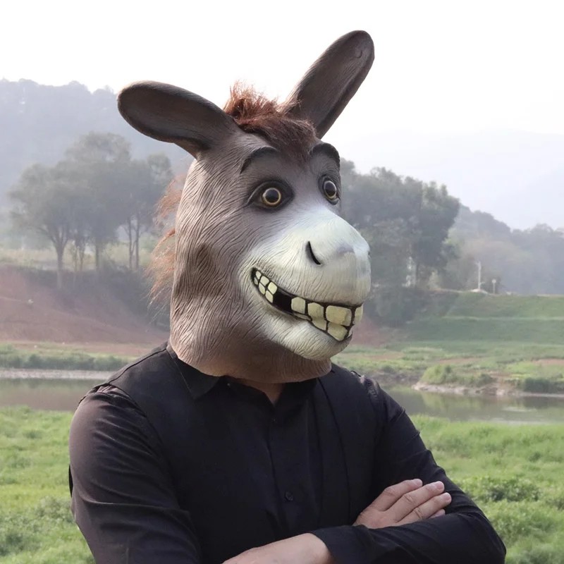 Burro divertido carnaval cara sonriente máscara de cabeza de silicona