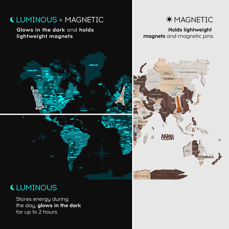 Mapa magnético de pared de madera de neón que brilla en la oscuridad