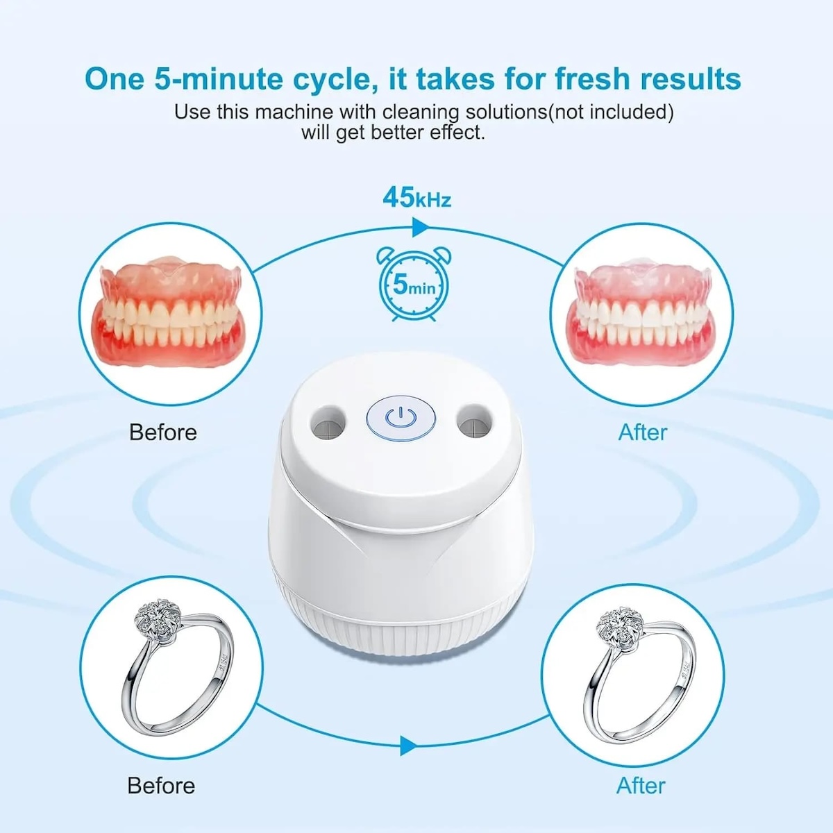 Retenedor limpiador UV para joyas, dentaduras postizas y anillos de repuesto dentales.